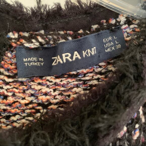 Zara Knit Black Pink Boucle Fringe Bow Neck Sweater Large Bloggers Fav - Picture 5 of 6